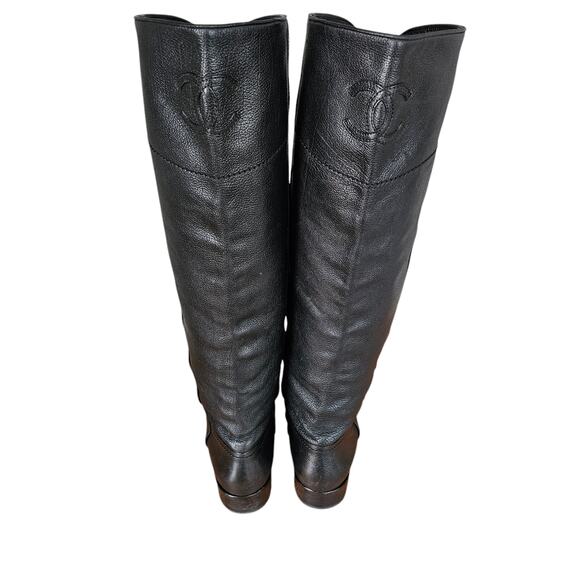 Chanel CC Knee High Tall Riding Boot Size 40 US 9 9.5 Black Pebble Leather - Picture 3 of 15